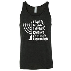 Lights, Dreidels, Latkes, Knishes, Menorahs, Hanukkah Shirt Unisex