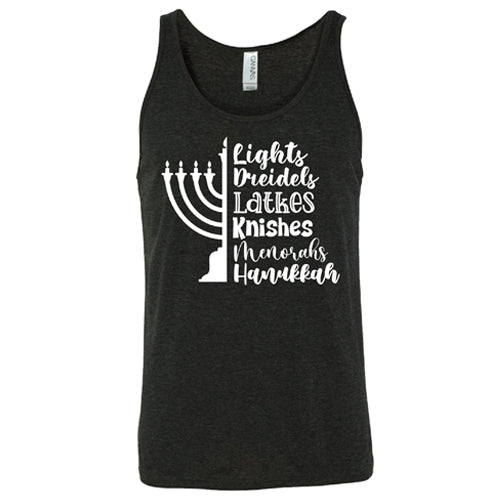 Lights, Dreidels, Latkes, Knishes, Menorahs, Hanukkah Shirt Unisex