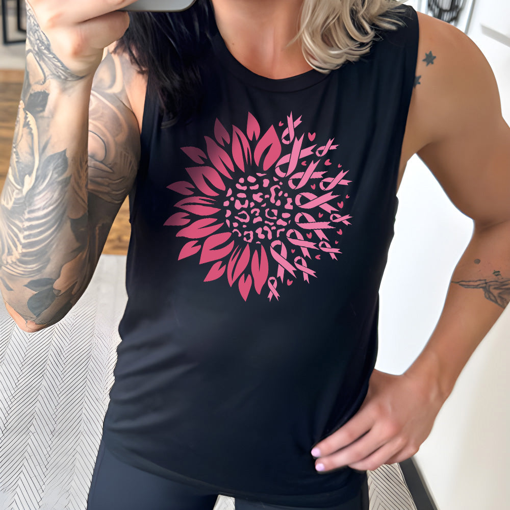 Pink Ribbon Sunflower Muscle Tank | Black